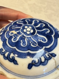 A Chinese blue and white covered vase and two bottle vases, Chenghua and jade marks, Kangxi