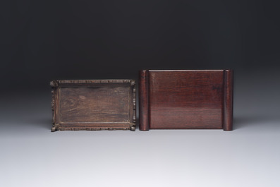 A Chinese or Vietnamese mother-of-pearl-inlaid wooden tray and a Chinese hongmu stand, 19/20th C.