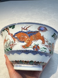 A Chinese famille verte 'Mythical Beasts and Horses' bowl, Fu 黼 mark, Kangxi