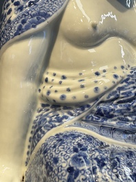 A fine Chinese blue and white Milefo Buddha on a wooden stand, Wei Hongtai Zao 魏洪泰造 mark, Republic
