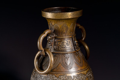 A fine and large Chinese archaistic gilt-bronze vase with handles, Ming