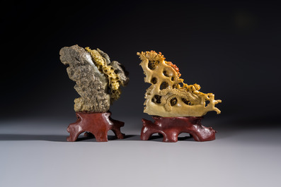 A fine Chinese carved soapstone 'Squirrels and Grapes' group and a 'Phoenixes among Peonies' group, 20th C.
