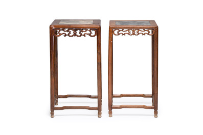 Two Chinese marble-topped hongmu stands, 19/20th C.