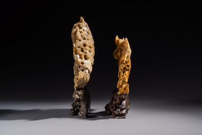 A fine Chinese carved soapstone 'Dragons among Clouds' group and a 'Phoenixes and Cranes' group, 20th C.