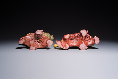 A fine Chinese carved soapstone 'Squirrels and Grapes' group and a 'Phoenixes among Peonies' group, 20th C.