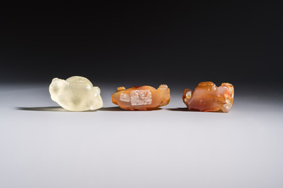 A Chinese carved rock crystal Milefo Buddha and two agate Milefo Buddhas, 19/20th C.