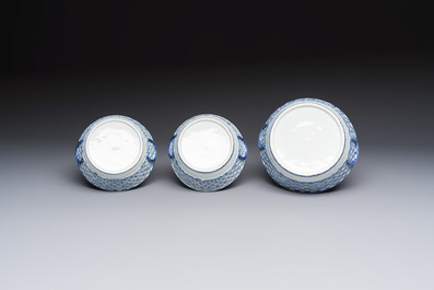 Six Chinese blue and white reticulated baskets with pagodas along a river, Qianlong