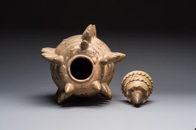 A large inscribed Chinese spiked funerary jar and cover, Northern Song, dated 1026