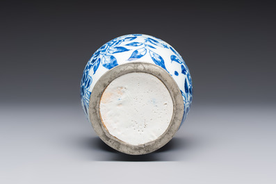 A blue and white pewter-mounted Delftware chinoiserie ewer, probably London, 17th C.