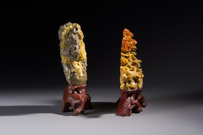 A fine Chinese carved soapstone 'Squirrels and Grapes' group and a 'Phoenixes among Peonies' group, 20th C.