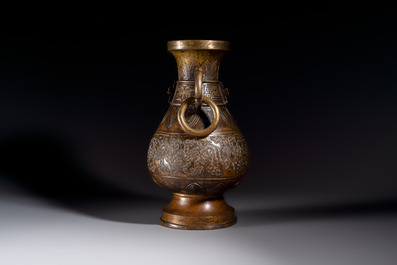 A fine and large Chinese archaistic gilt-bronze vase with handles, Ming