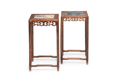 Two Chinese marble-topped hongmu stands, 19/20th C.