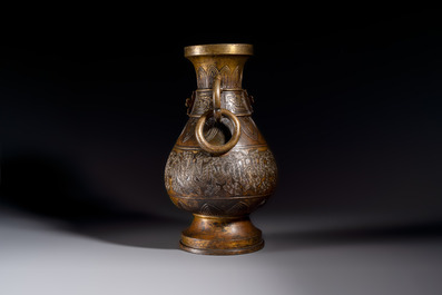 A fine and large Chinese archaistic gilt-bronze vase with handles, Ming