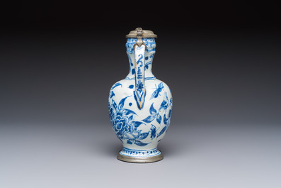 A blue and white pewter-mounted Delftware chinoiserie ewer, probably London, 17th C.