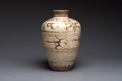 A large Chinese Cizhou ware slip-glazed wine jar, Ming