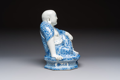 A fine Chinese blue and white Milefo Buddha on a wooden stand, Wei Hongtai Zao 魏洪泰造 mark, Republic