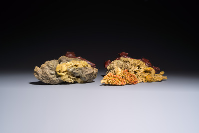 A fine Chinese carved soapstone 'Squirrels and Grapes' group and a 'Phoenixes among Peonies' group, 20th C.