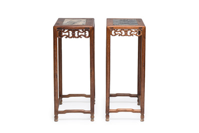 Two Chinese marble-topped hongmu stands, 19/20th C.