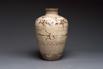 A large Chinese Cizhou ware slip-glazed wine jar, Ming