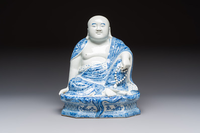 A fine Chinese blue and white Milefo Buddha on a wooden stand, Wei Hongtai Zao 魏洪泰造 mark, Republic