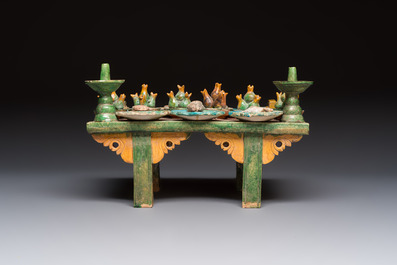 A Chinese sancai-glazed pottery model of an offering table, Ming