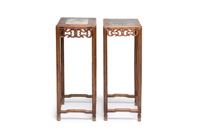 Two Chinese marble-topped hongmu stands, 19/20th C.