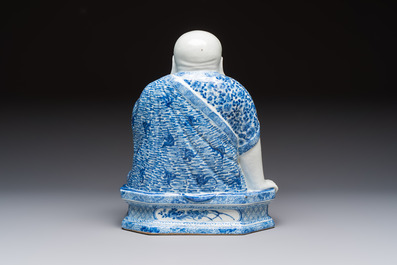 A fine Chinese blue and white Milefo Buddha on a wooden stand, Wei Hongtai Zao 魏洪泰造 mark, Republic