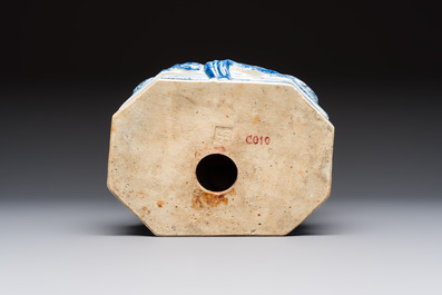 A fine Chinese blue and white Milefo Buddha on a wooden stand, Wei Hongtai Zao 魏洪泰造 mark, Republic