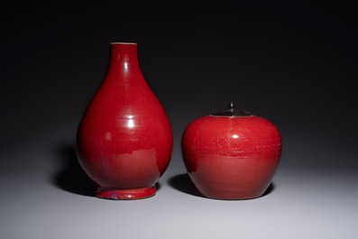 A Chinese flamb&eacute;-glazed vase and a jar with wooden cover, 19th C.