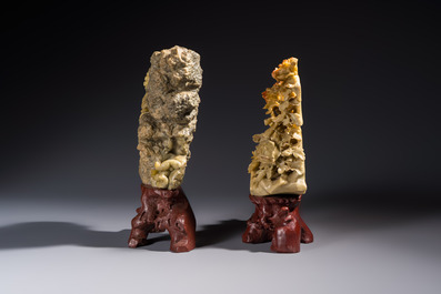 A fine Chinese carved soapstone 'Squirrels and Grapes' group and a 'Phoenixes among Peonies' group, 20th C.