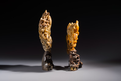 A fine Chinese carved soapstone 'Dragons among Clouds' group and a 'Phoenixes and Cranes' group, 20th C.
