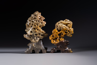 A fine Chinese carved soapstone 'Dragons among Clouds' group and a 'Phoenixes and Cranes' group, 20th C.
