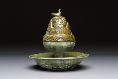 A Chinese green-glazed pottery 'Boshanlu' stemmed censer and cover, Han