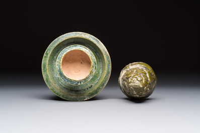 A Chinese green-glazed pottery 'Boshanlu' stemmed censer and cover, Han