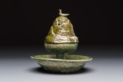 A Chinese green-glazed pottery 'Boshanlu' stemmed censer and cover, Han