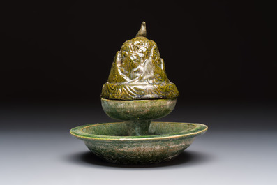 A Chinese green-glazed pottery 'Boshanlu' stemmed censer and cover, Han