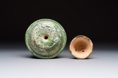 A Chinese green-glazed pottery 'Boshanlu' stemmed censer and cover, Han