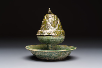 A Chinese green-glazed pottery 'Boshanlu' stemmed censer and cover, Han