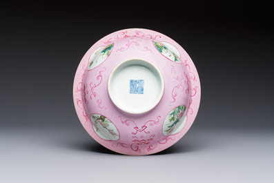 Three Chinese famille rose pink-ground bowls with floral design, Qianlong mark and of the period