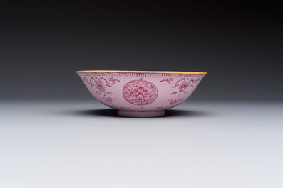 Three Chinese famille rose pink-ground bowls with floral design, Qianlong mark and of the period