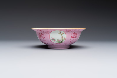 Three Chinese famille rose pink-ground bowls with floral design, Qianlong mark and of the period