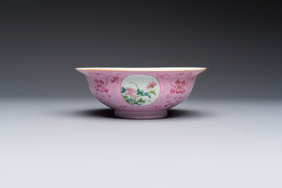 Three Chinese famille rose pink-ground bowls with floral design, Qianlong mark and of the period