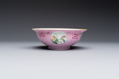 Three Chinese famille rose pink-ground bowls with floral design, Qianlong mark and of the period