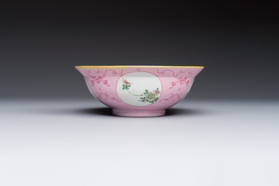 Three Chinese famille rose pink-ground bowls with floral design, Qianlong mark and of the period