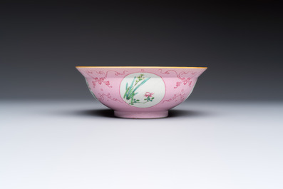 Three Chinese famille rose pink-ground bowls with floral design, Qianlong mark and of the period