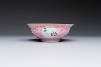 Three Chinese famille rose pink-ground bowls with floral design, Qianlong mark and of the period