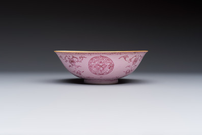 Three Chinese famille rose pink-ground bowls with floral design, Qianlong mark and of the period