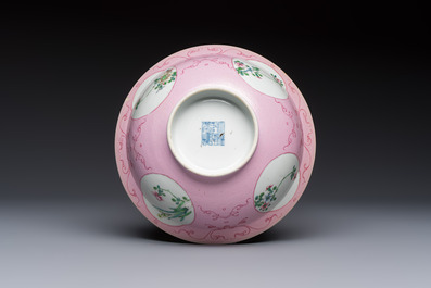 Three Chinese famille rose pink-ground bowls with floral design, Qianlong mark and of the period