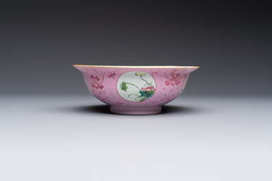 Three Chinese famille rose pink-ground bowls with floral design, Qianlong mark and of the period