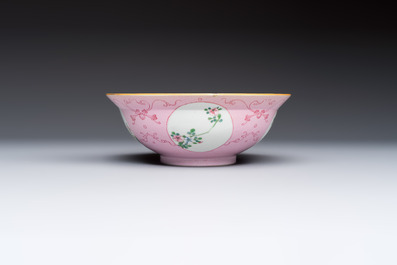 Three Chinese famille rose pink-ground bowls with floral design, Qianlong mark and of the period